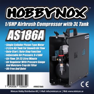 Hobbynox HNAS186A Airbrush Compressor 1/6HP with 3L Tank (0-4BAR)